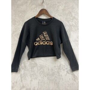 Adidas Cropped Sweatshirt Women’s S Black Graphic Pullover Gold Logo‎ Athletic